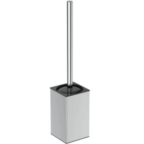 Bürstengarnitur in rechteckigem Metallbehälter mit Chromoberfläche, ausgestattet mit einer langen Bürste. Ideal Standard Produkt, in neutalem Design.